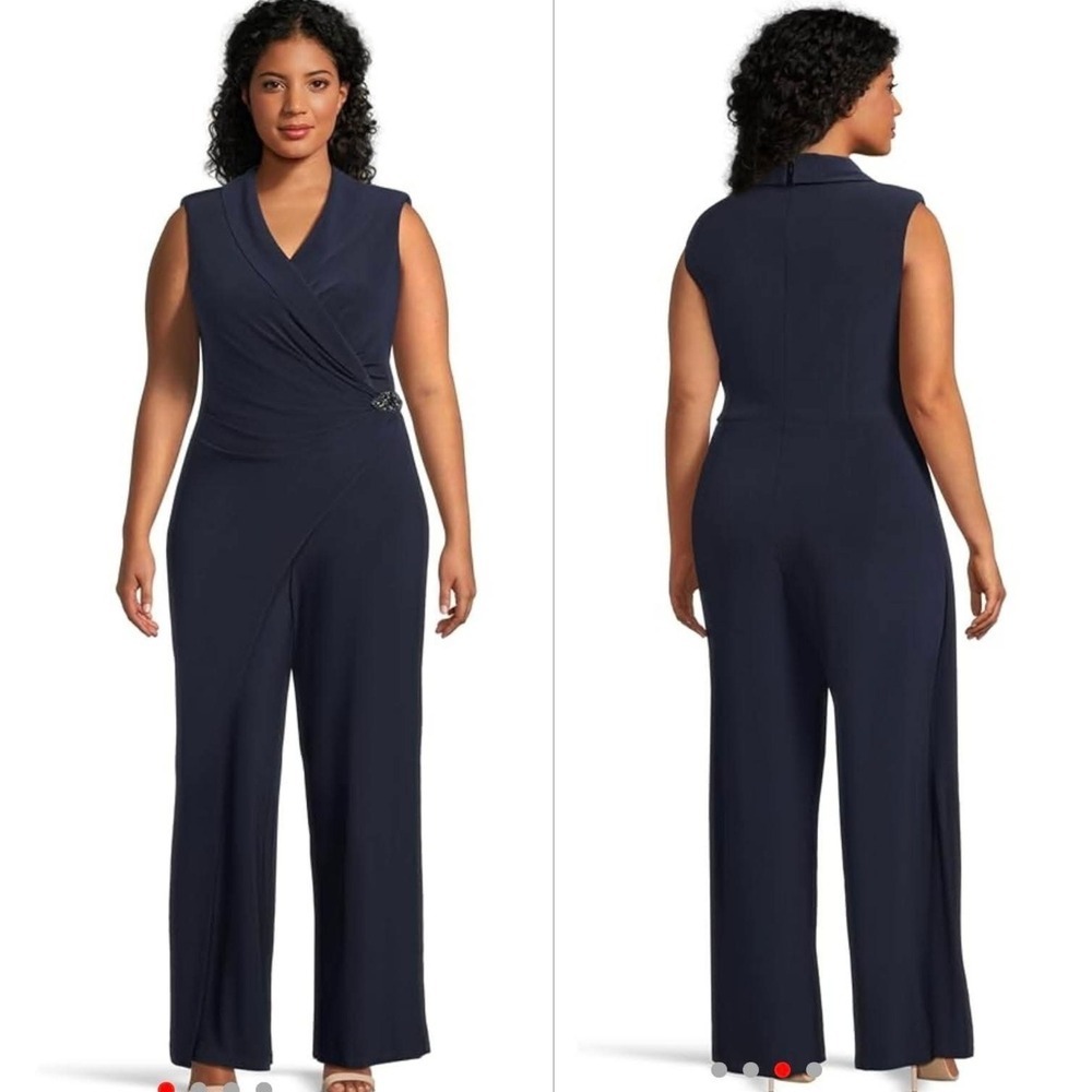 Adrianna Papell Jersey Jumpsuit Womens 16W Midnight Blue New Beaded Wrap
